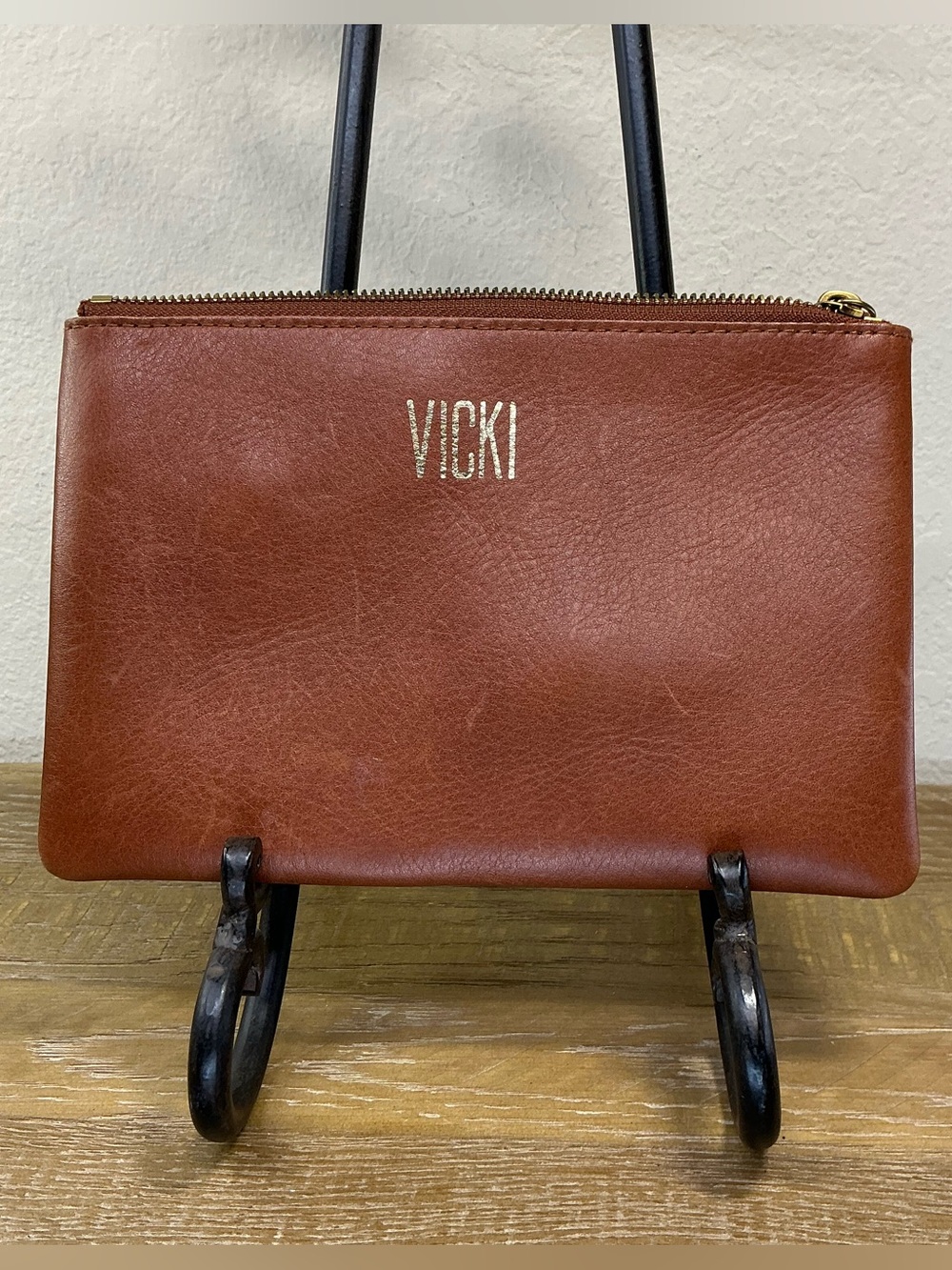 Madewell Leather Pouch Clutch in English Saddle (Brown) Embossed with Vicki name